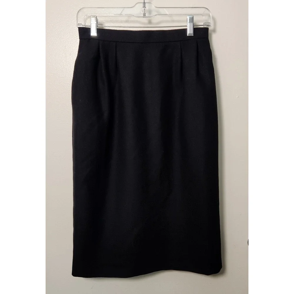 Vintage Women's Black Sz 8 Sm Wool Pencil Skirt Pleated Knee Length Lined Slit